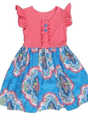 Eleanor Rose Girls Rhonda Dress Coral Blue Floral Ruffle Flutter Sleeve Size 5-6